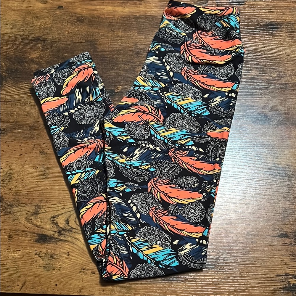 LuLaRoe Feather Print Leggings - Black, Orange, Blue